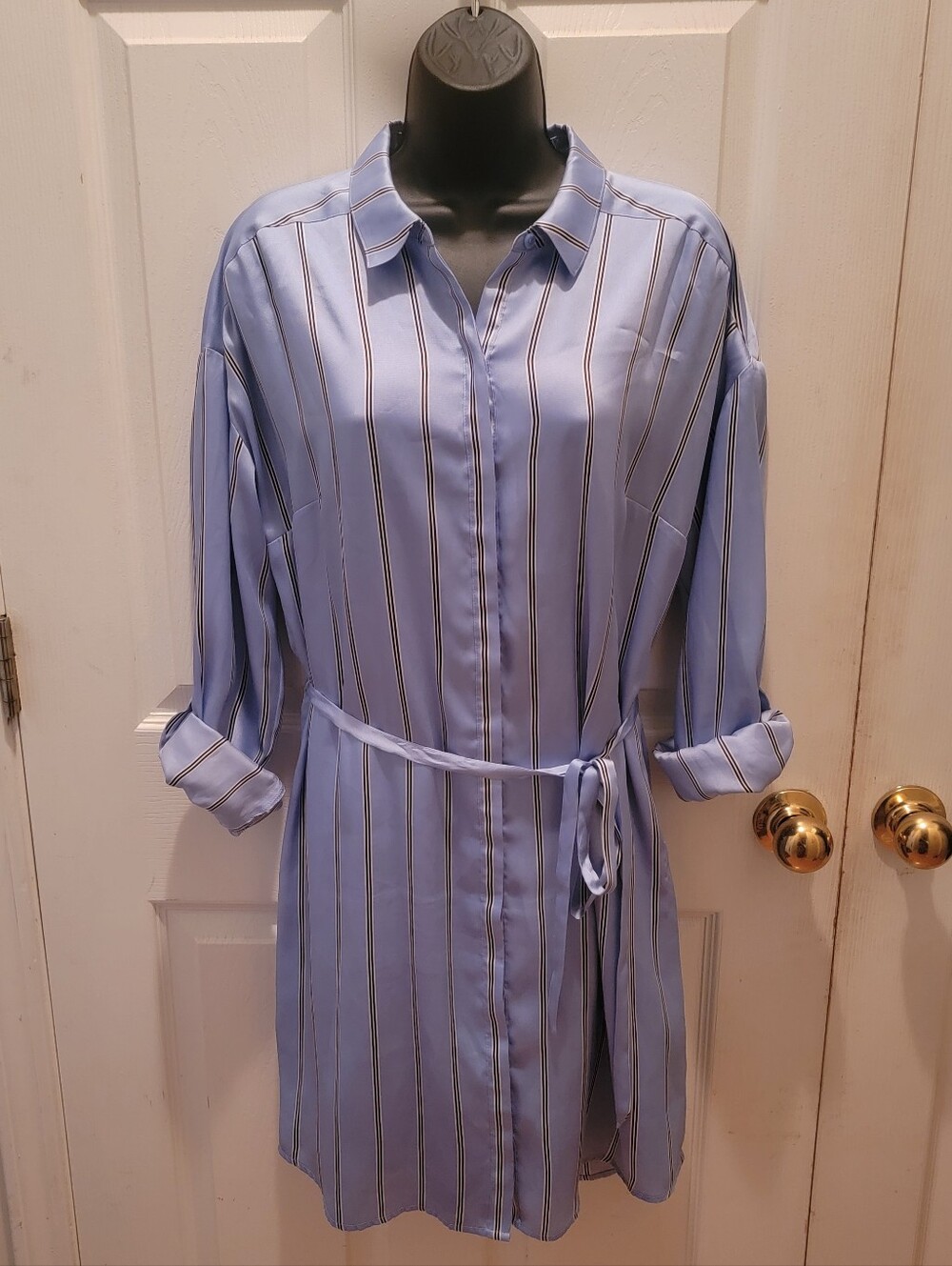 Express Light Blue/Black Striped Satin Shirt Dress with Roll Tab Sleeves-Size Lg